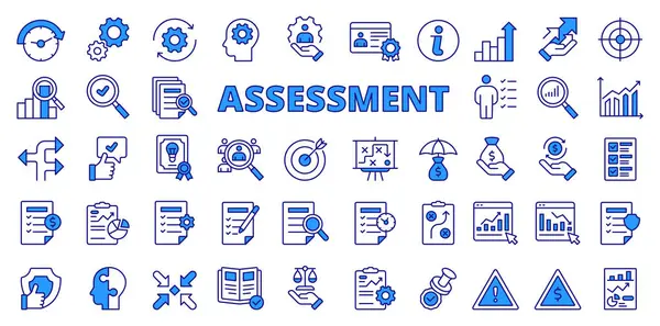 Assessment Icons Line Design Blue Assessment Data Analysis Compare Plan — Stock Vector