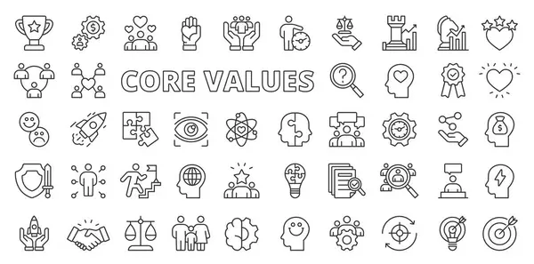 stock vector Core values icons in line design. Growth, business, icons, infographic, focus, creativity, gear, core, optimism, goal isolated on white background vector. Core values editable stroke icons