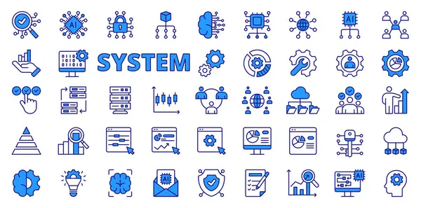Ícones Negócios Sistema Design Linha Azul Sistema Negócio Processo Gestão — Vetor de Stock