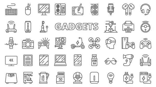 Ícones Gadgets Design Linha Jogos Almofada Jogo Caixa Jogo Escalas — Vetor de Stock