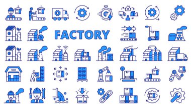 Satır dizaynında fabrika simgeleri, mavi. Endüstri, imalat, iş, teknoloji, endüstriyel, akıllı fabrika, taşıyıcı beyaz arka plan vektöründe izole edildi. Fabrika düzenlenebilir vuruş simgeleri