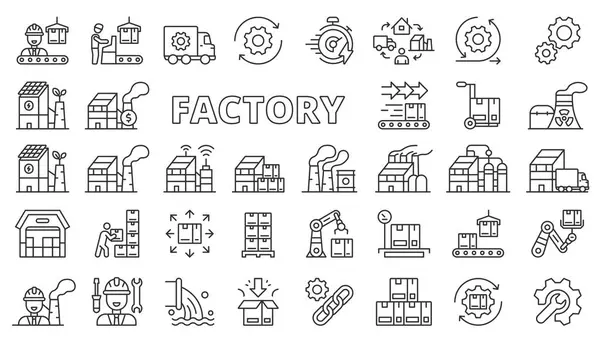 Иконки Фабрики Линейном Дизайне Промышленность Производство Работа Технологии Промышленный Умный Векторная Графика