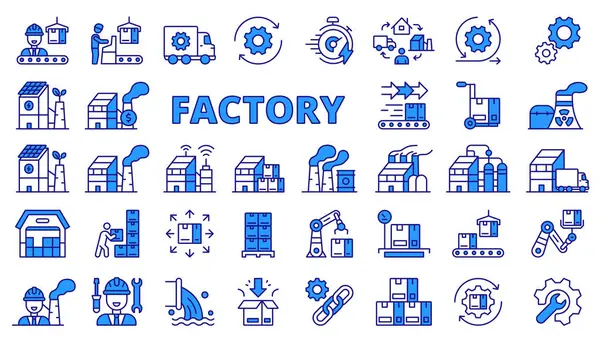 Иконки Фабрики Линейном Дизайне Синий Промышленность Производство Работа Технологии Промышленный Стоковый вектор