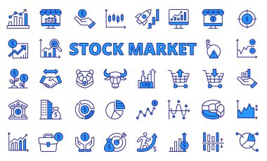 Borsa simgeleri dizayn edildi, mavi. Ticaret, borsa, analiz, yatırım, boğa, ayı, şamdan, beyaz arka plan vektöründe mali izole. Borsa düzenlenebilir vuruş simgeleri