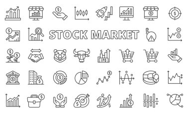 Borsa simgeleri dizayn edildi. Ticaret, borsa, analiz, yatırım, boğa, ayı, şamdan, beyaz arka plan vektöründe mali izole. Borsa düzenlenebilir vuruş simgeleri