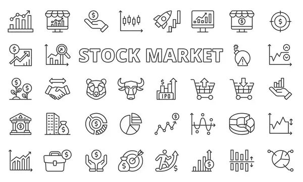 Iconos Bursátiles Diseño Línea Negocio Bolsa Valores Análisis Inversión Toro — Vector de stock