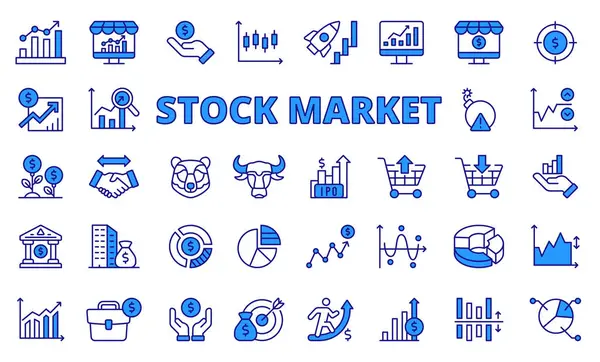 Иконки Фондового Рынка Линейном Дизайне Синий Бизнес Фондовая Биржа Анализ Стоковая Иллюстрация