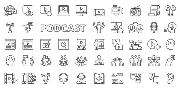 Iconos Podcast Diseño Línea Streaming Entrevistas Radiodifusión Micrófono Podcaster Transmisiones — Vector de stock