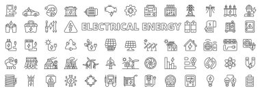 Hat tasarımında elektrik enerjisi. Elektrik, enerji, ikonlar, şarj, endüstri, pil, güneş paneli, yeşil, beyaz arka plan vektöründe elektrik. Elektrik enerjisi düzenlenebilir vuruş simgeleri