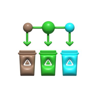 Atık tasnif vektörü 3D simgesi. Atık, tasnif, 3D, ikon, çöp, çöp, geri dönüşüm, konteyner, çevre, yeşil, beyaz arka plan vektöründeki çöp. Atık sıralama 3B simgesi.
