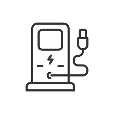 Hat tasarımında şarj istasyonu. Şarj, İstasyon, Elektrikli Araç, EV, Alternatif Enerji, Yeşil Teknoloji, beyaz arka plan vektöründe sürdürülebilir. İstasyon düzenlenebilir vuruş simgesi yükleniyor.