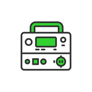 Taşınabilir elektrik santrali, hat tasarımı, yeşil. Taşınabilir güç istasyonu, batarya, şarj, mobil güç, beyaz arka plan vektöründe jeneratör. Taşınabilir güç istasyonu düzenlenebilir vuruş simgesi