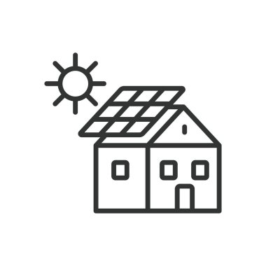 Çatı katı güneş paneli, sıra dizaynında. Çatıdaki güneş paneli, güneş enerjisi, çatı, panel, enerji, beyaz arka plan vektöründe güç. Çatıdaki güneş paneli düzenlenebilir vuruş simgesi.