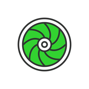 Türbin, hat tasarımında, yeşil. Türbin, enerji, güç, rüzgar, jeneratör, dönüş bıçağı beyaz arkaplan vektörü türbin düzenlenebilir vuruş simgesi