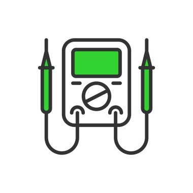 Elektrikli testçi, hat tasarımında, yeşil. Elektrik, test, test, voltaj, ölçüm, sonda, beyaz arkaplan vektörü Elektriksel testçi düzenlenebilir vuruş simgesi