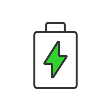 Şarjlı pil, hat dizaynı, yeşil. Şarj edilmiş, Batarya, Tam, Güç, Enerji, Tamamlanmış, Yeşil beyaz arkaplan vektörü şarj edilebilir pil vuruşu simgesi