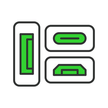 Bilgisayar portu, hat tasarımı, yeşil. Ekran Portu, HDMI, Tip-C, USB, Ethernet, VGA, DVI beyaz arkaplan vektörü Bilgisayar portları düzenlenebilir vuruş