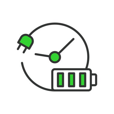 Recharging time, in line design, green. Recharging, time, duration, charge, speed, quick, fast on white background vector Recharging time editable stroke icon clipart