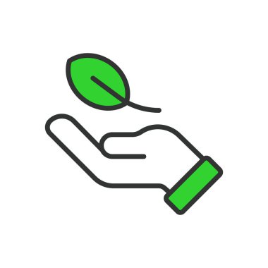 Bir elde yaprak, çizgi tasarımı, yeşil. Yaprak, el, doğa, beyaz arka plan vektörü ekolojisi. Elle düzenlenebilir bir vuruş simgesinde yaprak