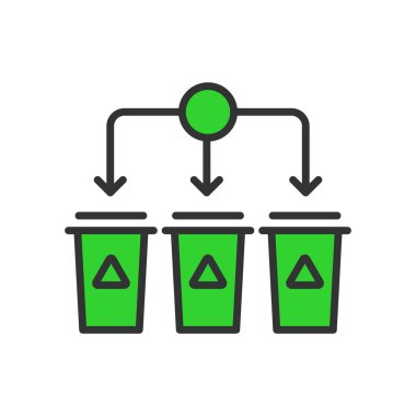 Atık tasarımı, sınır tasarımı, yeşil. Atık, tasnif, çöp, geri dönüşüm, ayrımcılık, beyaz arka plan vektöründeki çöp kutuları. Düzenlenebilir vuruş simgesini atık ayıkla