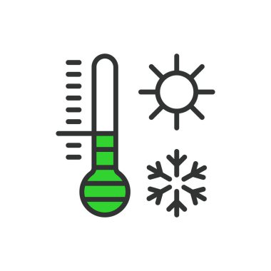 Termometre, hat tasarımında, yeşil. Termometre, sıcaklık, gösterge, ısı, soğuk, beyaz arkaplan vektörü üzerinde hava durumu termometre düzenlenebilir vuruş simgesi