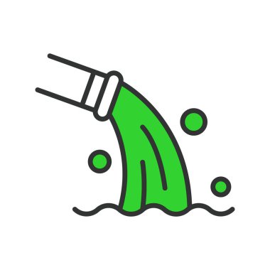 Atık su boşaltma borusu, sıra dizaynında, yeşil. Atık su, akım, boru, kirlilik, kanalizasyon, drenaj, beyaz arka plan vektöründe çevre. Atık su boşaltma borusu düzenlenebilir vuruş simgesi