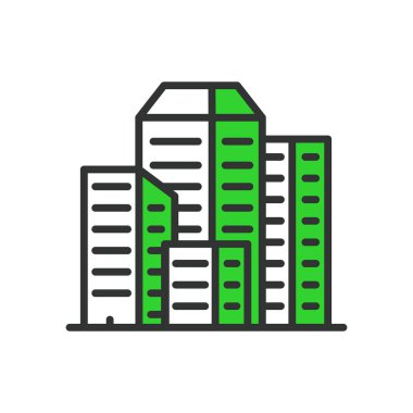 Gökdelenler şehri, sınır tasarımı, yeşil. Gökdelenler, şehir manzarası, şehir, gökyüzü, beyaz arka plandaki binalar. Gökdelenler şehir düzenlenebilir vuruş simgesi