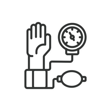 Kan basıncı ölçümü, sıra dizaynında. Kan basıncı, ölçüm, sphygmomanometre, manşet, sağlık, beyaz arka plan vektörü. Kan basıncı ölçümü düzenlenebilir vuruş simgesi