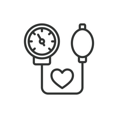 Kan basıncı ölçümü, sıra dizaynında. Kan basıncı, ölçüm, sphygmomanometre, manşet, sağlık, beyaz arka plan vektörü. Kan basıncı ölçümü düzenlenebilir vuruş simgesi