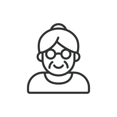 Sıra dizilmiş yaşlı bir kadın. Yaşlı, yaşlı, yaşlı, yaşlı, büyükanne, yaşlı, emekli. Kurgulanabilir yaşlı kadın vuruş simgesi