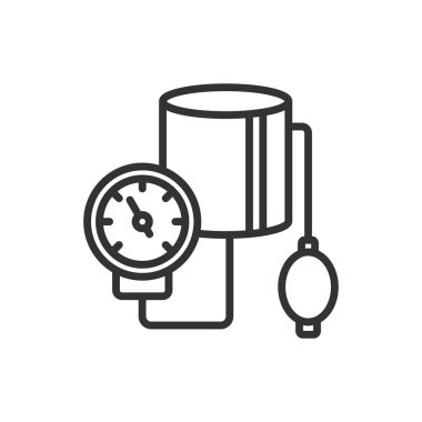 Kan basıncı ölçümü, sıra dizaynında. Kan basıncı, ölçüm, sphygmomanometre, manşet, sağlık, beyaz arka plan vektörü. Kan basıncı ölçümü düzenlenebilir vuruş simgesi