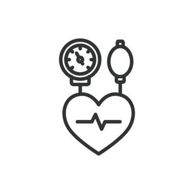 Kan basıncı ölçümü, sıra dizaynında. Kan basıncı, ölçüm, sphygmomanometre, manşet, sağlık, beyaz arka plan vektörü. Kan basıncı ölçümü düzenlenebilir vuruş simgesi