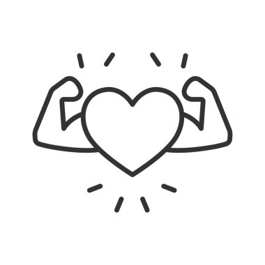 Güçlü bir kalp, sıra dizaynında. Kardiyovasküler, sağlıklı, zindelik, sağlam kalp, kalp sağlığı, beyaz arka plan vektörüne dayanıklılık. Güçlü kalp, düzenlenebilir vuruş simgesi