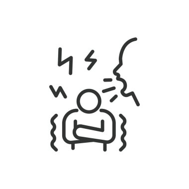 Sözlü taciz, sıra dizaynında. Duygusal istismar, zorbalık, taciz, saldırganlık, psikolojik istismar, beyaz arka planda gözdağı verme. Sözlü taciz düzenlenebilir vuruş simgesi