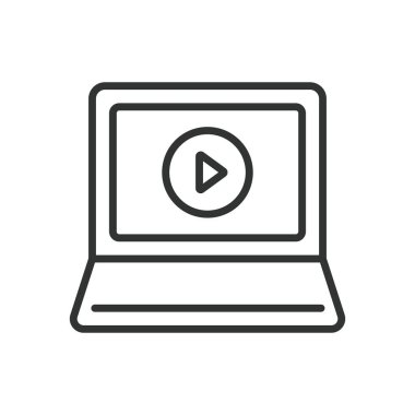 Dizüstü bilgisayar oyunu, satır tasarımı. Oynat, laptop ekran, oynat düğmesi, ortam oynatıcı, video oynatıcı, beyaz arkaplan vektöründe dizüstü bilgisayar simgesi. Dizüstü bilgisayar değiştirilebilir vuruş simgesi çal.