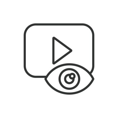 Çizgi dizaynında video görüntüsü. Görünüm sayısı, video analizleri, bağlılık, video ölçümleri, saat süresi, beyaz arka plan vektöründeki izleyici hafızası. Video görünümleri düzenlenebilir vuruş simgesi.