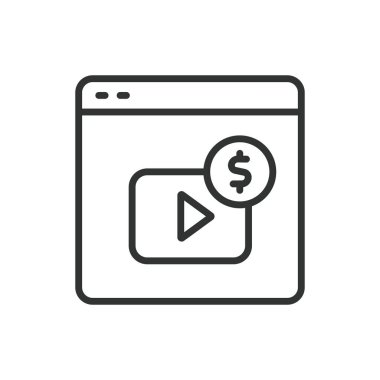 Video monetizasyonu, sıra dizaynında. Monetizasyon, video reklamları, video gelirleri, YouTube, Streaming Gelir, AdSense, Sponsorluk beyaz arka plan vektörü. Video monetizasyon düzenlenebilir vuruş simgesi