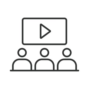 Sırada film izleyen insanlar var. Seyirciler, sinema izleyicileri, film izleyenler, izleyenler, beyaz arka plandaki tiyatro kalabalığı. Düzenlenebilir vuruş simgesini izleyen insanlar