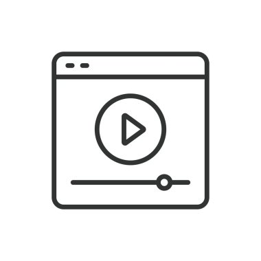 Çizgi tasarımında video oynat. Oynatma, Oynat düğmesi, kontroller, ortam oynatıcı, video akışı, beyaz arkaplan vektöründeki video simgesi. Görüntü düzenlenebilir vuruş simgesini çal