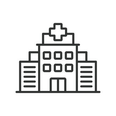 Hastane binası, sıra dizaynında. Hastane binası, tıp merkezi, sağlık, acil servis, klinik, hastane ikonu, beyaz arka plan vektörü tedavisi. Hastane binası düzenlenebilir vuruş simgesi.