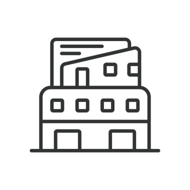 Ofis binası, sıra dizaynlı. Şirket binası, iş merkezi, ofis kulesi, modern mimari, beyaz arka planda ticari mülkiyet. Ofis oluşturulabilir vuruş simgesi.