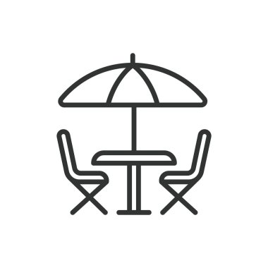 Teras, sıra dizaynlı. Teras, balkon, açık hava alanı, teras, çatı, oturma alanı, beyaz arka plan vektöründeki veranda. Teras düzenlenebilir vuruş simgesi.