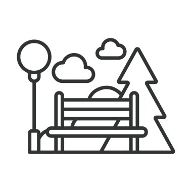 Park bankında sıra dizilimi. Açık alan oturma, bahçe bankı, halka açık park, rahatlama, açık mobilya, oturma alanı, beyaz arka plan vektörü. Park bankında, düzenlenebilir vuruş simgesi.