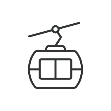 Kablolu araba, sıra dizaynlı. Kablolu araba, hava tramvayı, halat yolu, dağ ulaşımı, teleferik kaldırma, teleferik ikonu, beyaz arka plan vektörü. Kablo araba, düzenlenebilir vuruş simgesi.