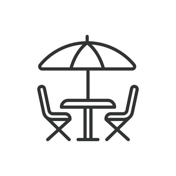 Terrace, in line design. Terrace, balcony, outdoor space, patio, rooftop, seating area, veranda on white background vector. Terrace editable stroke icon.