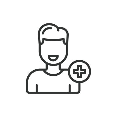 Hasta, sıra dizaynında. Hasta, sağlık, hastane, tıbbi bakım, klinik, tedavi, beyaz arka plandaki hasta bakımı. Hasta değiştirilebilir vuruş simgesi