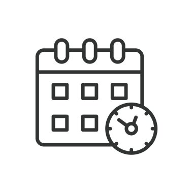 Saat ve Tarih, satır tasarımı. Zaman, tarih, takvim, saat, zaman tutma, beyaz arkaplan vektöründeki gün. Saat ve Tarih düzenlenebilir vuruş simgesi