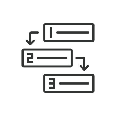 Adım adım, sıra dizayn. Süreç, rehber, ilerleme, talimatlar, metodoloji, beyaz arka plan vektörü üzerinde öğrenme. Adım adım düzenlenebilir vuruş simgesi