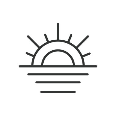 Gün batımı, sıra tasarımı. Günbatımı, akşam gökyüzü, alacakaranlık, günbatımı ikonu, güneş batışı, beyaz arka plan vektörü ufku. Günbatımı düzenlenebilir vuruş simgesi