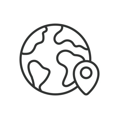 Dünya konumu, hat dizaynı. Dünya konumu, küresel konum, dünya haritası, GPS ikonu, coğrafi konum, harita pimi, beyaz arkaplan vektöründeki dünya simgesi. Dünya Konumu düzenlenebilir vuruş simgesi